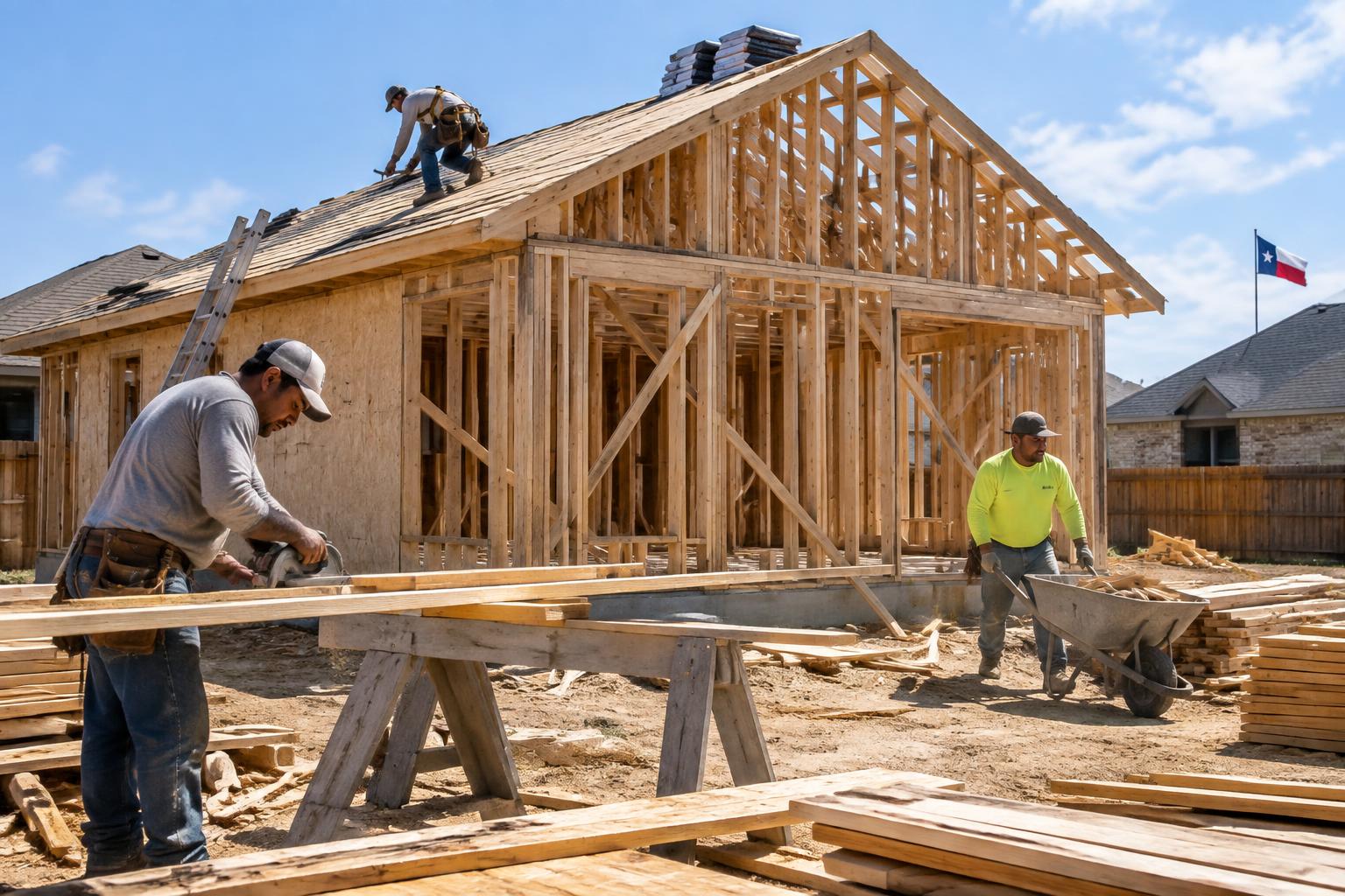 Cuadrilla de construcción trabajando en una casa con estructura de madera y techo en Texas